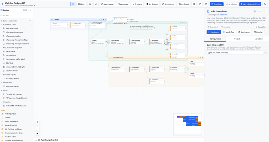 Workflow Designer NG mit grafisch verbundenen Prozessbausteinen für einen E-Rechnungsworkflow