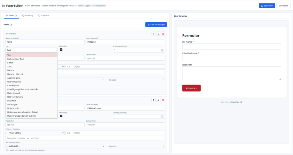 Form-Builder des Workflow Designer NG mit Feldkonfiguration und Live-Vorschau