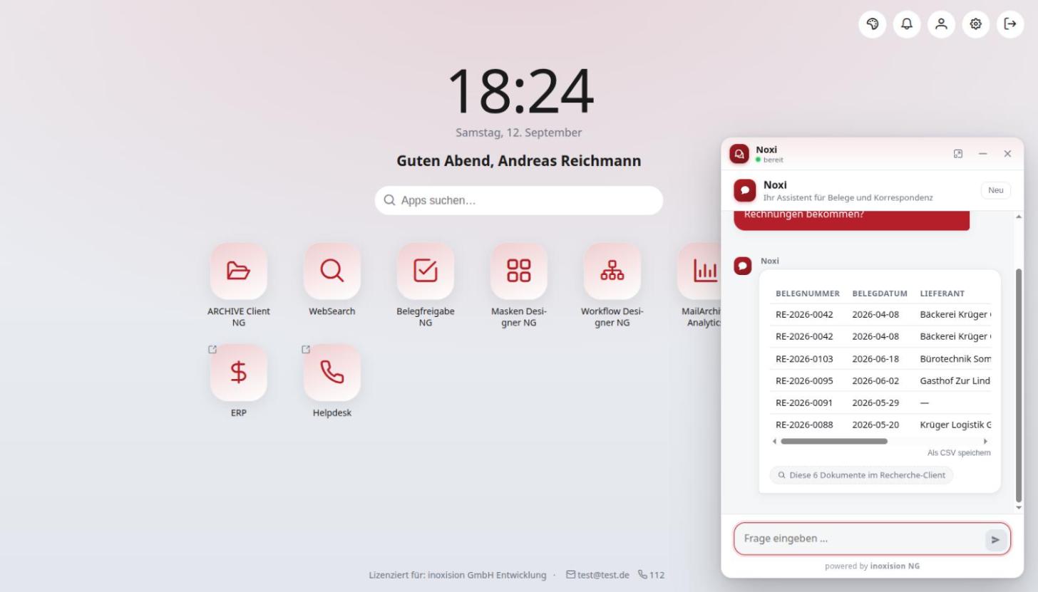 KI-Assistent in inoxision NG mit Ergebnissen einer Archivrecherche