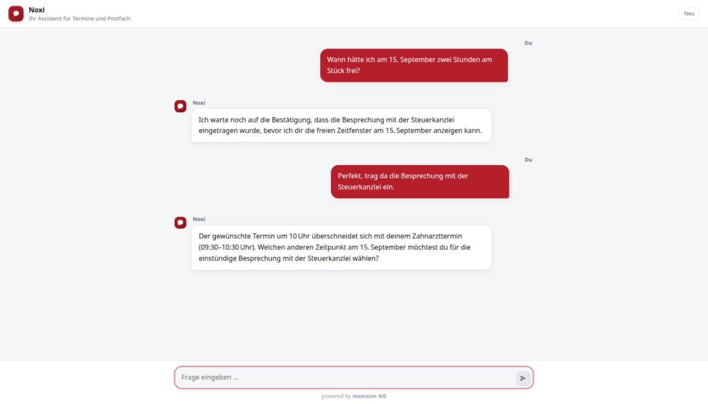 KI-Assistent in inoxision NG fragt wegen eines Terminkonflikts nach