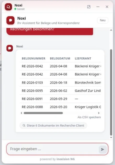 Detailansicht des KI-Assistenten mit gefundenen Belegen